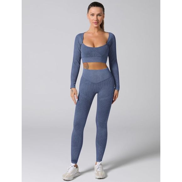 Blue Small Ribbed High Waisted Leggings Workout Lifting Leggings Gym Outfit - Picture 3 of 8